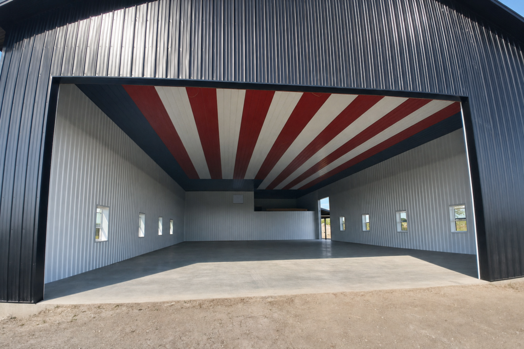 Lined building interior with concrete floor and American flag ceiling — edited project photograph
