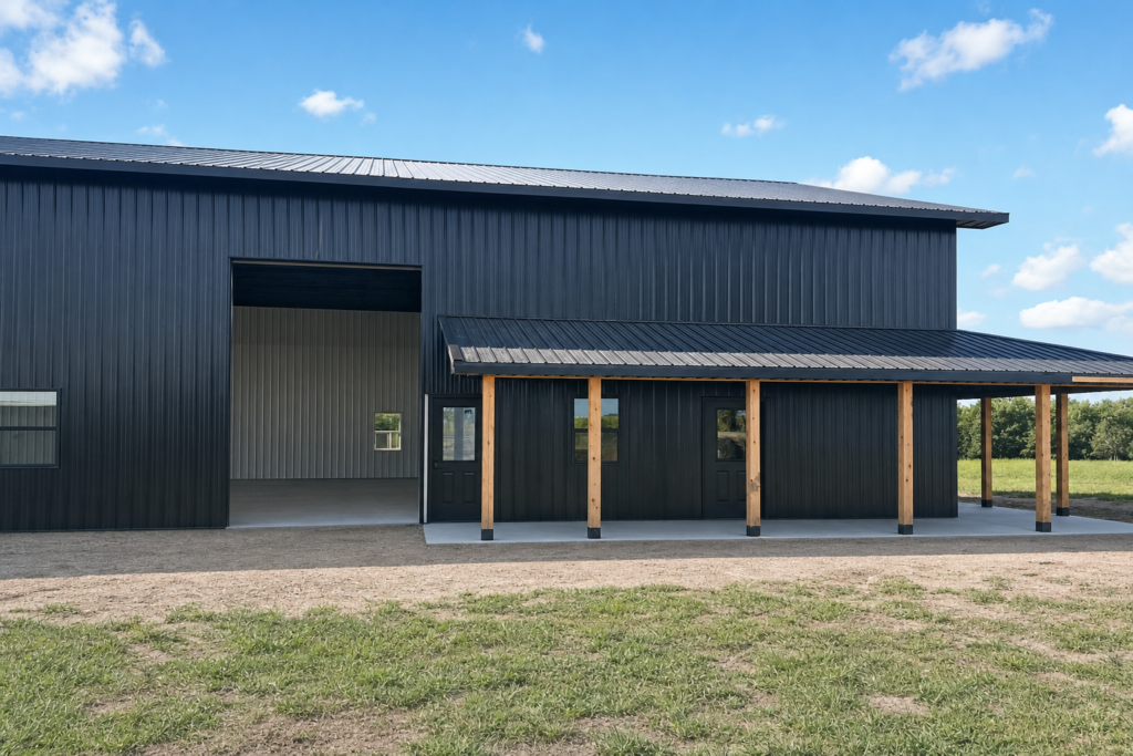 Black metal building with timber-frame lean-to and concrete walkway — edited project photograph